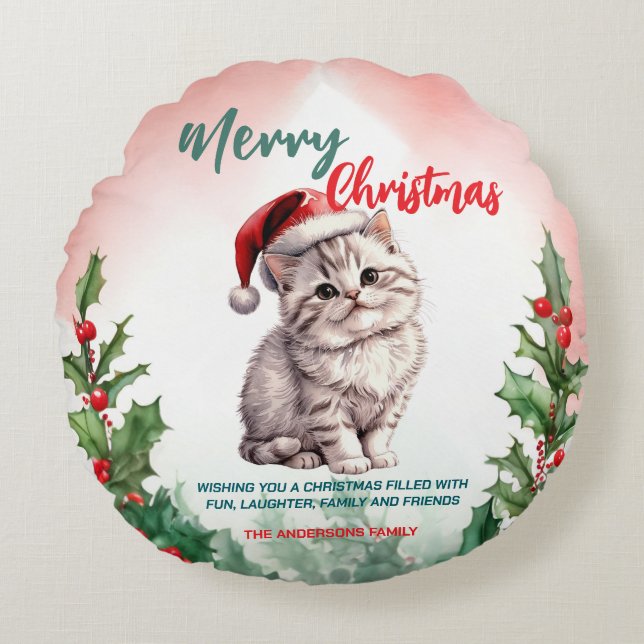 Grappig Vrolijk Kerstkrans Schattige Kattenkatje Rond Kussen (Voorkant)