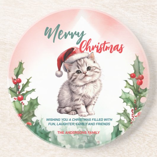 Grappig Vrolijk Kerstkrans Schattige Kattenkatje Zandsteen Onderzetter (Voorkant)