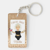 Grappig Vrouw Cartoon Grijs Haar Cruise Tropisch Sleutelhanger (achterkant)