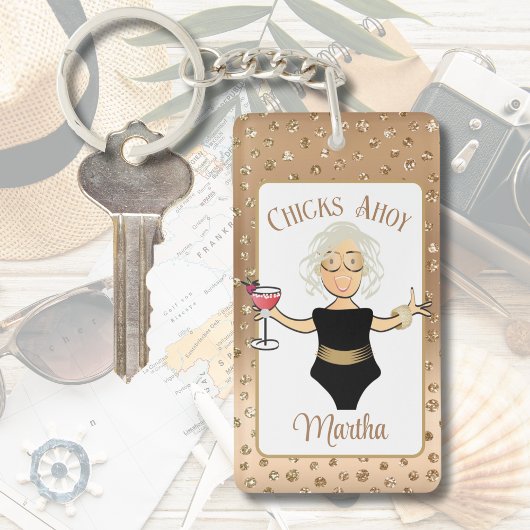 Grappig Vrouw Cartoon Grijs Haar Cruise Tropisch Sleutelhanger