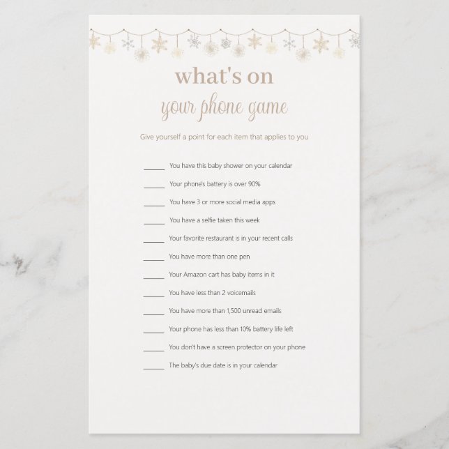 Grappig Wat is er op uw telefoon Baby shower spel (Voorkant)