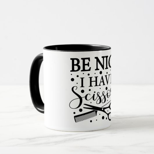 Grappig wees aardig... Minimalistische haarstylist Mok (Voorkant links)