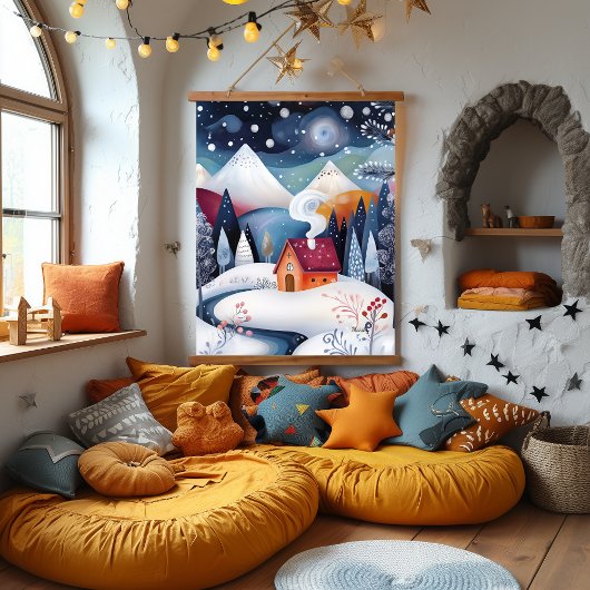 Grappig Winter Cabin ArtWork Hangend Wandkleed