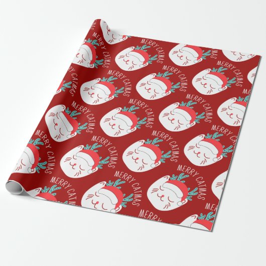 Grappig wit kattenpatroon Vrolijk kerstfeest Cadeaupapier (Uitgerold)
