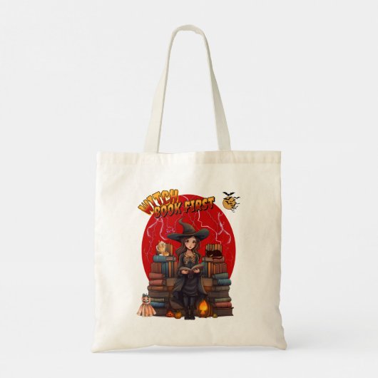  grappig "Witch Book First" Halloween tas. Tote Bag (Achterkant)