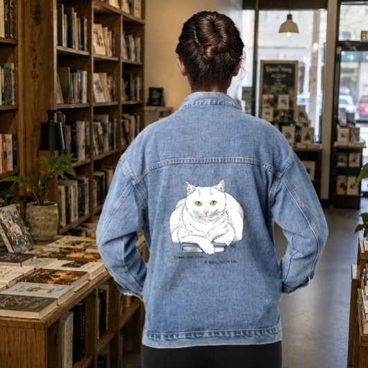 Grappig Witte Kat Boek Lezen Humor Paars Denim Jacket