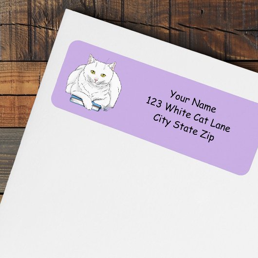 Grappig Witte Kat Boek Lezen Humor Paars Etiket
