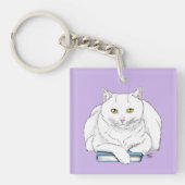Grappig Witte Kat Boek Lezen Humor Paars Sleutelhanger (Voorkant)