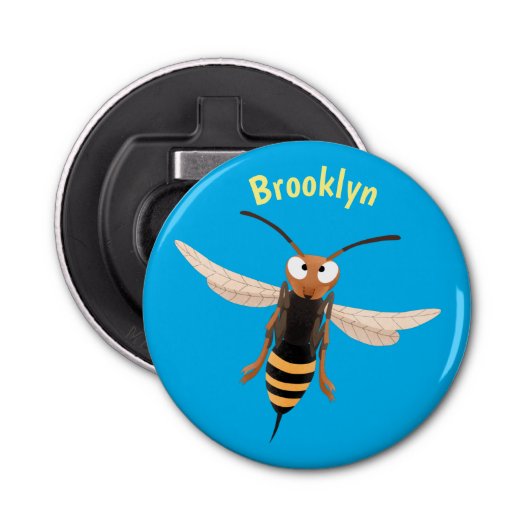 Grappig woedende wesp cartoon illustratie button flesopener (Voorkant)