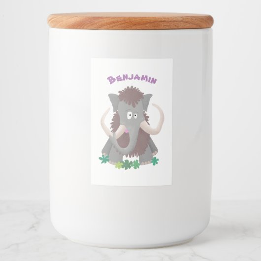 Grappig wollig mammoth cartoon illustratie voedselcontainer etiket (Voorkant)