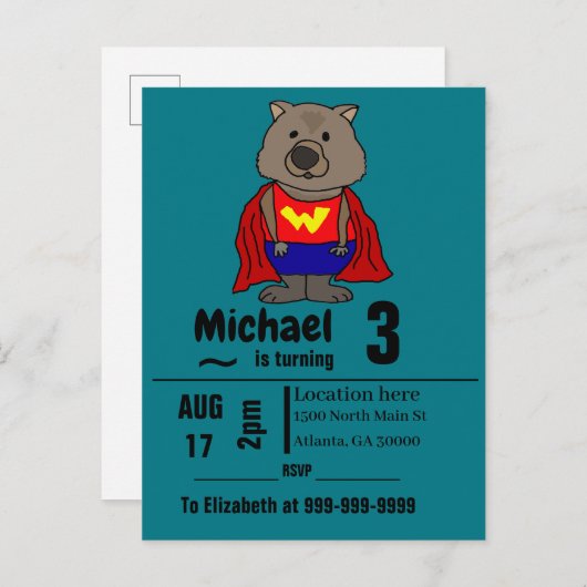 Grappig Wombat Superheld Verjaardagsfeest Uitnodiging Briefkaart (Voorkant / Achterkant)