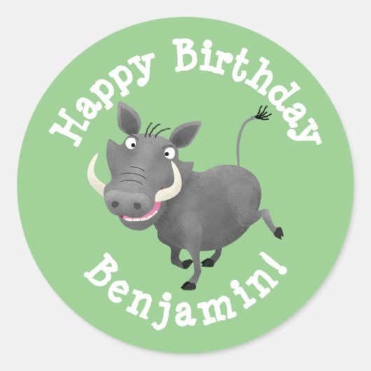 Grappig wrattenzwijn gepersonaliseerde cartoon ver ronde sticker (Voorkant)