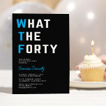 Grappig WTF Volwassene 40e Verjaardagsfeestje Kaart<br><div class="desc">Verfris uw mijlpaalfeest met onze unieke uitnodigingen voor 40-jarig verjaardagsfeest! Deze genodigden bieden een geestige 'wat de veertig' zin,  geplaatst tegen een strakke zwarte achtergrond. Met een hedendaagse tekst sjabloon die gemakkelijk kan worden aangepast aan uw voorkeur,  kunt u zeker de details van uw feest in stijl doorgeven!</div>