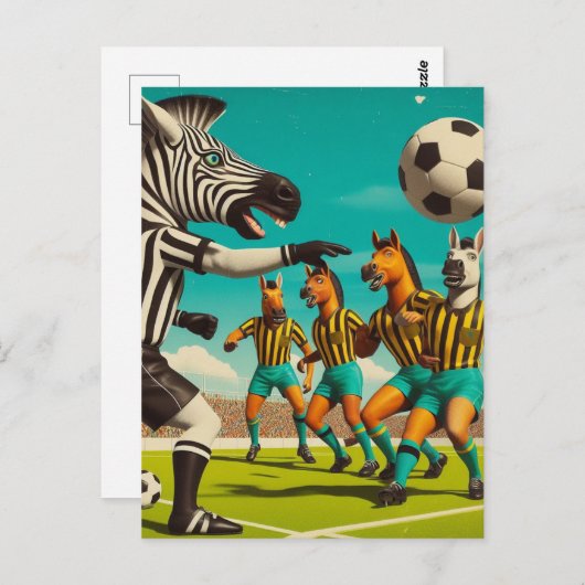 Grappig Zebra en paardenvoetbal spel Briefkaart (Voorkant / Achterkant)