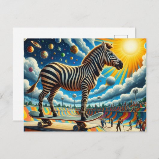 Grappig Zebra Skateboarden Surreal Kleurrijk Briefkaart (Voorkant / Achterkant)