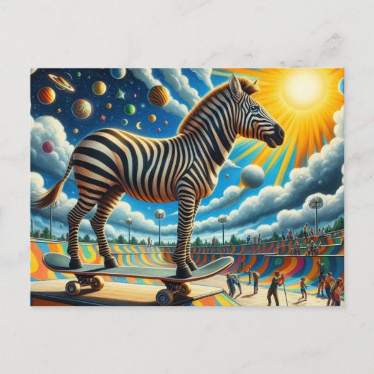 Grappig Zebra Skateboarden Surreal Kleurrijk Briefkaart (Voorkant)
