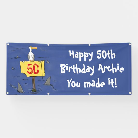 Grappig zee vogel omringd door cartoon banner van  (Horizontaal)