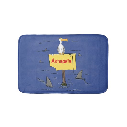 Grappig zee vogel omringd door cartoon van haaien badmat (Voorkant)