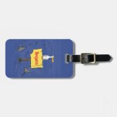 Grappig zee vogel omringd door cartoon van haaien bagagelabel (Voorkant horizontaal)