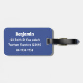 Grappig zee vogel omringd door cartoon van haaien bagagelabel (Achterkant horizontaal)