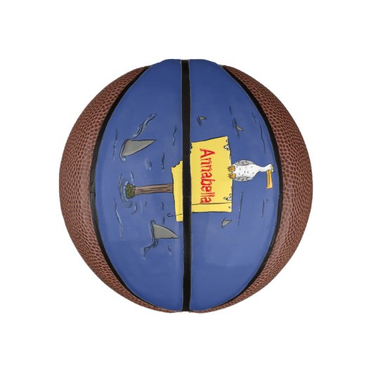 Grappig zee vogel omringd door cartoon van haaien basketbal (Verticaal)