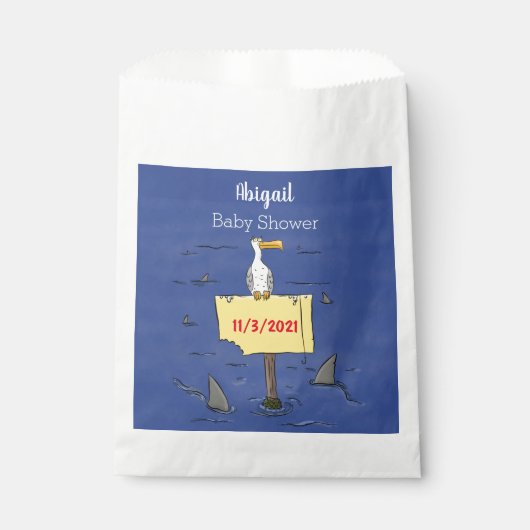 Grappig zee vogel omringd door cartoon van haaien bedankzakje (Voorkant)