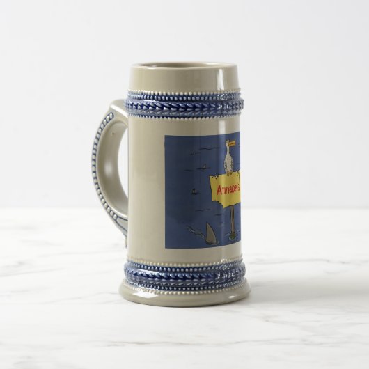 Grappig zee vogel omringd door cartoon van haaien bierpul (Voorkant links)