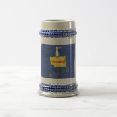 Grappig zee vogel omringd door cartoon van haaien bierpul (Center)