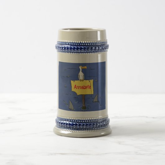 Grappig zee vogel omringd door cartoon van haaien bierpul (Center)