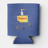 Grappig zee vogel omringd door cartoon van haaien blikjeskoeler (Voorkant)