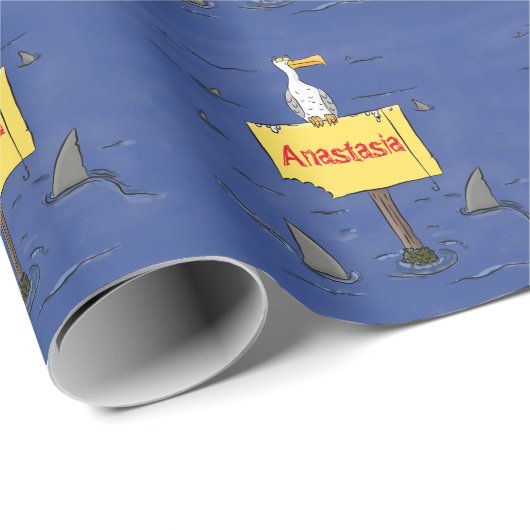Grappig zee vogel omringd door cartoon van haaien cadeaupapier (Rol Hoek)