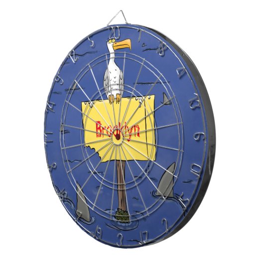 Grappig zee vogel omringd door cartoon van haaien dartbord (Voorkant Rechts)