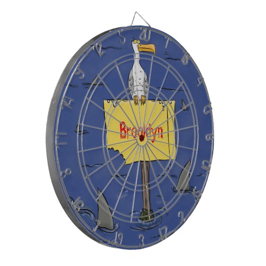 Grappig zee vogel omringd door cartoon van haaien dartbord (Voorkant Links)