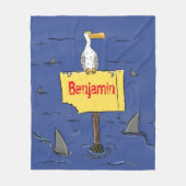 Grappig zee vogel omringd door cartoon van haaien fleece deken (Voorkant)