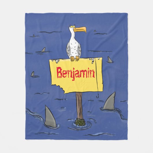 Grappig zee vogel omringd door cartoon van haaien fleece deken (Voorkant)