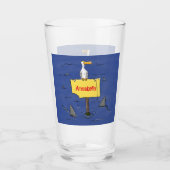 Grappig zee vogel omringd door cartoon van haaien glas (Voorkant)
