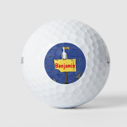 Grappig zee vogel omringd door cartoon van haaien golfballen (Voorkant)