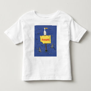 Grappig zee vogel omringd door cartoon van haaien kinder shirts