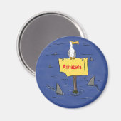 Grappig zee vogel omringd door cartoon van haaien magneet (Voorkant / Achterkant)