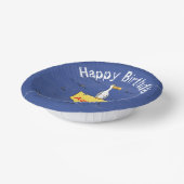 Grappig zee vogel omringd door cartoon van haaien papieren kommen (Gebogen)