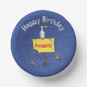 Grappig zee vogel omringd door cartoon van haaien papieren kommen