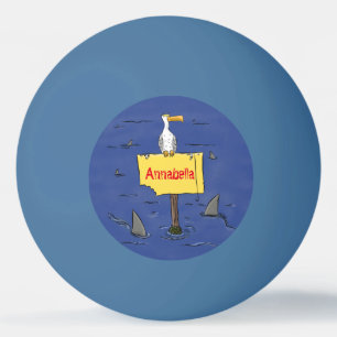 Grappig zee vogel omringd door cartoon van haaien pingpongbal