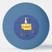 Grappig zee vogel omringd door cartoon van haaien pingpongbal (Achterkant)