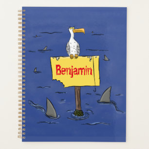Grappig zee vogel omringd door cartoon van haaien planner