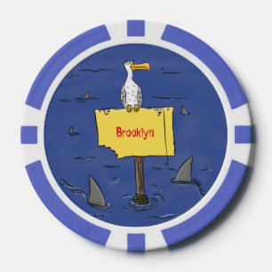 Grappig zee vogel omringd door cartoon van haaien poker chips