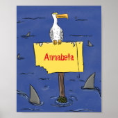 Grappig zee vogel omringd door cartoon van haaien poster (Voorkant)