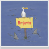 Grappig zee vogel omringd door cartoon van haaien sticker (Voorkant)