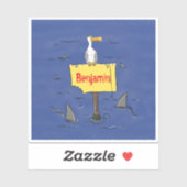 Grappig zee vogel omringd door cartoon van haaien sticker (Vel)