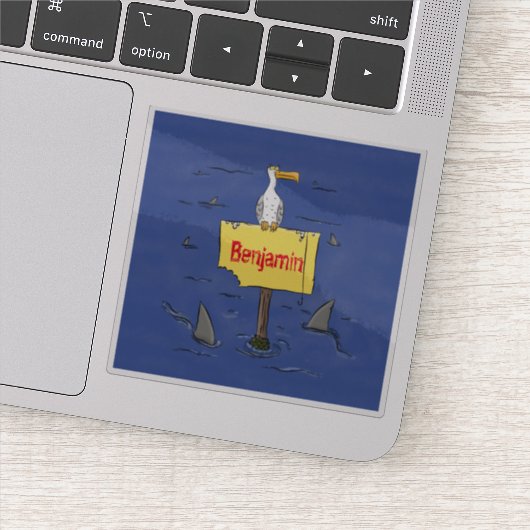 Grappig zee vogel omringd door cartoon van haaien sticker (Detail)