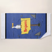 Grappig zee vogel omringd door cartoon van haaien strandlaken (Voorkant)